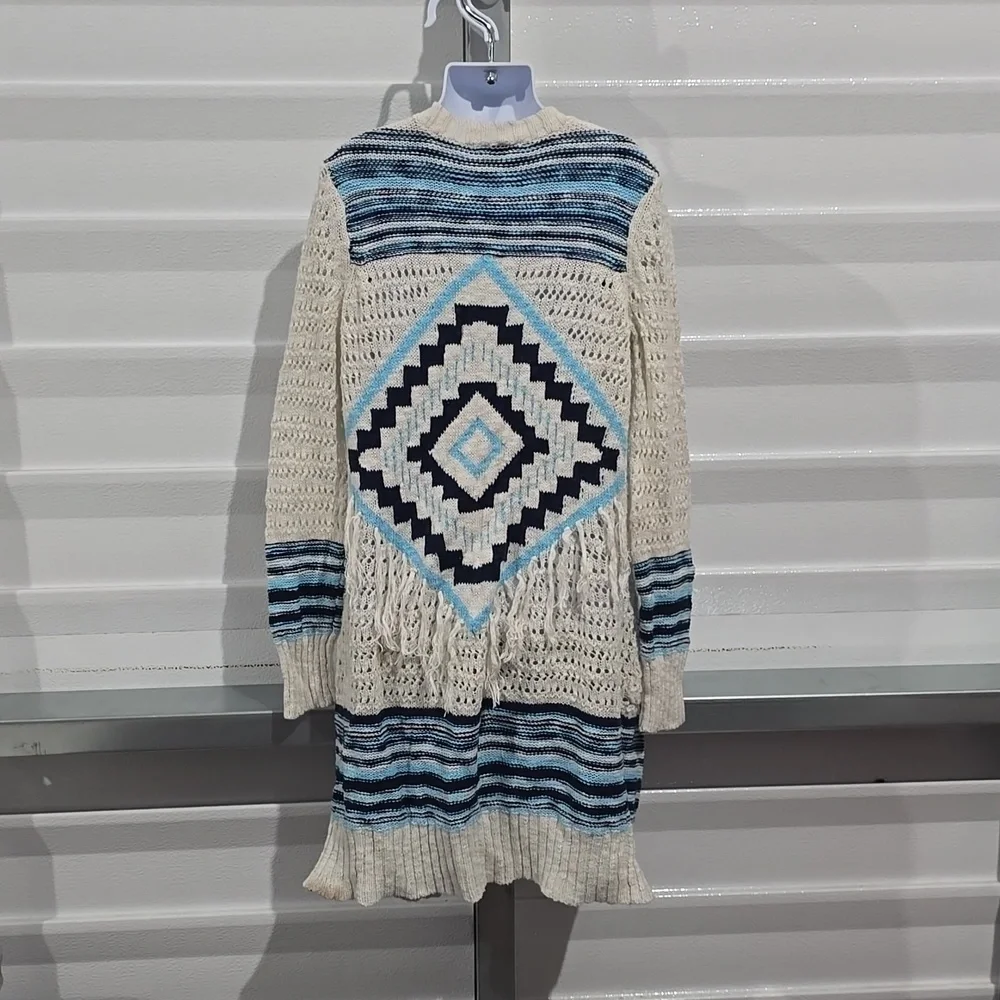 Justice Blue and White Crocheted‎ Style Long Sweater Size 10